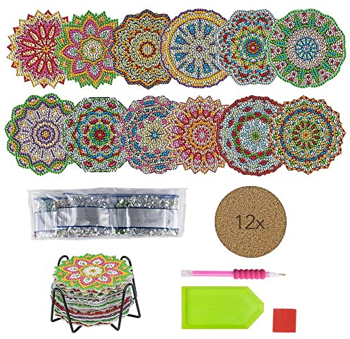 Ideen mit Herz 12 Diamond-Painting-Untersetzer mit Metallständer | 12 Korkuntersetzer | inkl. Diamanten & Werkzeug | 29-teilig (Blumen Mandala)