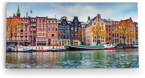 Paul Sinus Wandbild 120x60cm Amsterdam Holland Kanal Boote traditionelle Häuser
