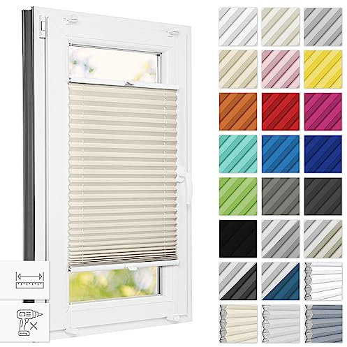 Estika Plissee ohne Bohren 85 cm x 120 cm - Beige - Bruchfeste Klemmhalter, Plissee klemmfix, Rollos für Fenster ohne Bohren, Jalousien Fenster für innen, Raffrollo, Fenster plissee