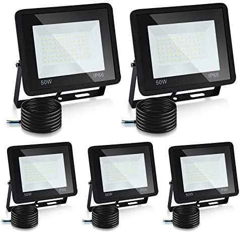 Lospitch 5x50W LED Strahler Außen, 4250LM LED Fluter 6000K Kaltweiß Superhell Außenstrahler, IP66 Wasserdicht Sicherheitslampe LED Scheinwerfer für Garten Innenhöfe (kein Stecker)