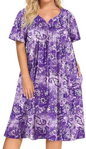 Ekouaer Mumu Damen-Kleid, Übergröße, kurzärmelig, Hauskleid, Momo, Schlafkleid mit Taschen, Violetter Druck, 52 Mehr