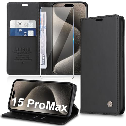 Migexxkj Handyhülle für iPhone 15 Pro Max Hülle [mit Schutzfolie][Premium PU Leder] Klapphülle Kartenfach Magnetic Ständer Flip Case Cover Etui Tasche Schutzhülle für iPhone 15 Pro Max 6.7“