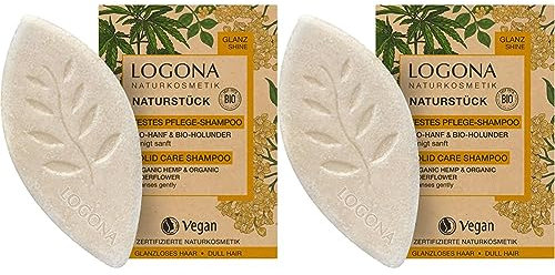 LOGONA Naturkosmetik Festes Haarshampoo für mehr Glanz und natürlich gesundes Haar, Shampoo Bar mit veganer Formel aus Bio Hanf und Bio Holunder, Wie Haarseife, 1 x 60 g (Packung mit 2)