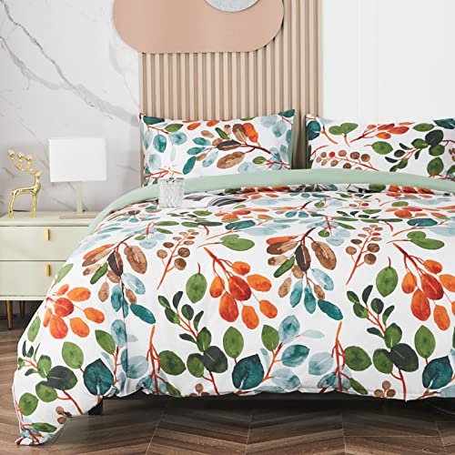 Jemiipee Blumen Bettwäsche-Set mit Herbstblätter Muster, 1 x Bettbezug 200x220 cm mit 2 x Kissenbezüge 80x80 cm und Reißverschluss, Weiche 100% Mikrofaser Bettwäsche Modern, Bunte Blätter