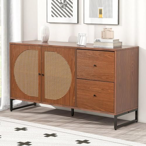 SogesHome Sideboard Kommode Buffets mit 2 Rattan verzierten Türen und 2 Schubladen Kommode Küchenschrank, Mehrzweckschrank, Highboard mit Metallgriffe für Schlafzimmer & Wohnräume & Büro