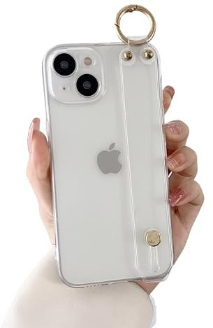 siduater Hand Strap Holder Case for 6.1“ iPhone 15 with Kickstand, Wrist Strap Band Soft Clear Shockproof Protective Cover, Adjustable Handle Grip Loop for iPhone 15 6.1 Inch, Crystal Clear