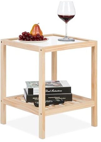 Relaxdays Mesa Tapa Mesita Auxiliar con Tablero Cristal, Mesilla con Estante, Madera Pino, Dormitorio, Salón, 50x40x40 cm, Natural