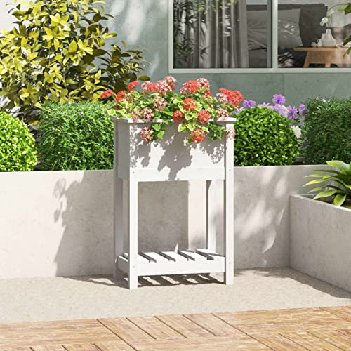 ARKEM Jardinière avec étagère Blanc 54x34,5x81 cm Bois Massif de pin,Jardiniere sur Pieds,Jardiniere Terrasse