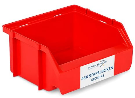 Stapelboxen der Größe XS 90x102x50mm für dein Kleinteilelager Sichtlagerkästen in 5 Farben mit Beschriftungsfeld Sortierkisten (48, Rot)