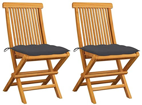 Gecheer 2 STK. Gartenstühle mit Anthrazit Kissen Klappsesseln Armlehnstühle Balkonstühle Gartenstuhl Garten Essstühle Campingstuhl Klappstuhl Gartenmöbel Holzstuhl für Garten Terrasse,Massivholz Teak