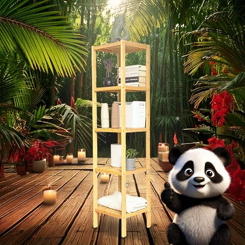 Grafner Badregal mit 5 Etagen aus Bambus, stabile Ausführung, HBT: 147 x 33 x 33 cm, bis 50 kg belastbar, Badezimmerregal schmal Standregal offen Holzregal Bad Küche Flur Badezimmerschrank Schuhregal