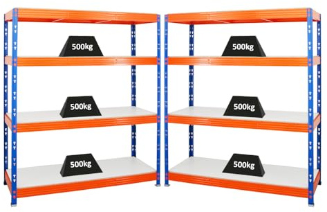 PROREGAL Mega Deal | 2X Profi Schwerlastregal Rhino | HxBxT 180x160x60cm | 4 Melamin-Ebenen 16mm | Fachlast 500kg | Blau-Orange | Garagenregal, Lagerregal, Steckregal, Weitspannregal, Werkstattregal
