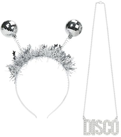 O-Kinee Silberner Discokugel Haarreif mit Halskette, Disco Accessoires für 70er/80er Jahre Mottopartys