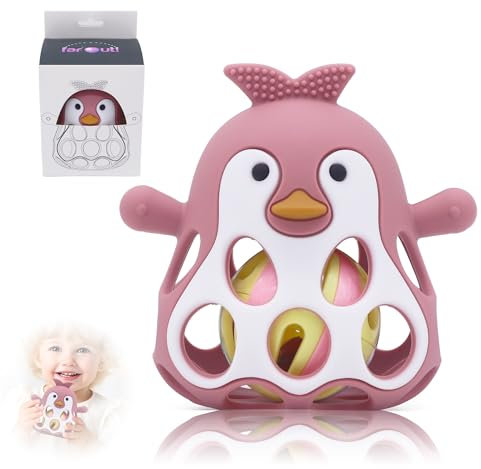 Farout Pinguin Rassel - Beißring Baby & Montessori Spielzeug - Oball Motorikspielzeug Babyrassel für Babyspielzeug ab 3 Monate, Geschenk für Jungen & Mädchen. (Dark Pink)