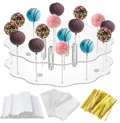 EACHPT Cake pop Stiele, Cake Pop Ständer 16 Löcher Lollipop Holder mit 100 Cake Pop Stiele,100 Lollipop-Tüten,100 Twist Krawatten, Cakepop Stiele für Süßigkeiten Partei,Festliche Dekoration