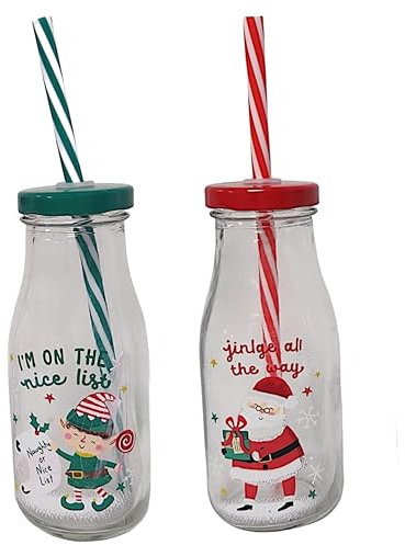 eBoutik - Pack of 2 Festive Christmas Milk Bottle Set with Straws - Reusable Glass Bottles with Santa and Elf Designs - Xmas Eve Box for Toddlers & Young Children Stocking Filler