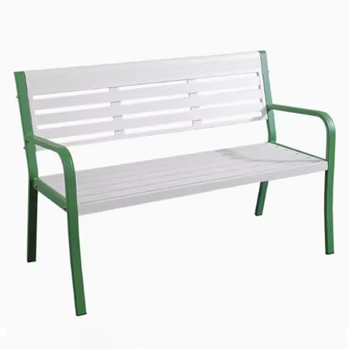 WPWSDWMX Wetterfeste Gartenbänke mit Rückenlehne und Armlehnen, Grün und Weiß, Metallbank mit Lattensitz, 125 x 58 x 84 cm, 2-Personen-Metall-Stahlbankmöbel für den Garten