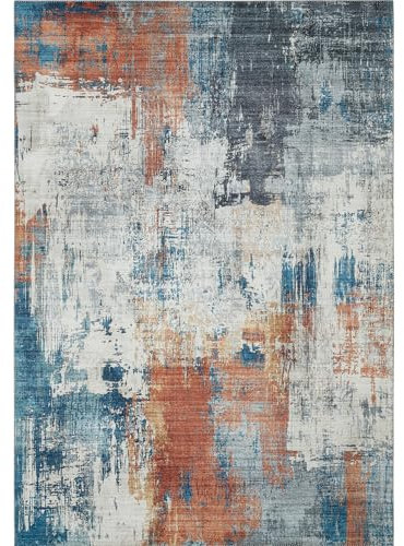 -LUXOR- living Teppich Wohnzimmer Polino im Vintage Design - Wohnzimmerteppich Teppich Kurzflor Digitaldruck in zeitlosem Design 200 x 290 cm blau-Koralle