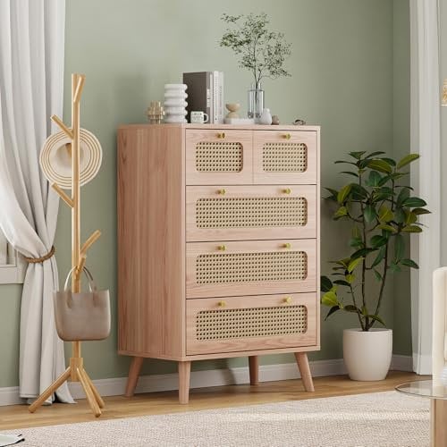 DAHUEN Rattan Sideboard Kommode, Schubladenkommode mit 5 Schubladen, Küchenschrank mit Viel Stauraum, Holz Mehrzweckschrank für Flur Schlafzimmer Wohnzimmer 91 x 34 x 60 cm (5 Schubladen)