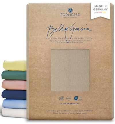 Formesse – Bella Gracia Jersey Spannbettlaken 90x190-100x220cm - bis 25cm Höhe - 97% Baumwoll-Kompaktgarn/Spannbetttuch aus Deutschland/Baumwoll Bettlaken mit Elastan - Farbe Champagner