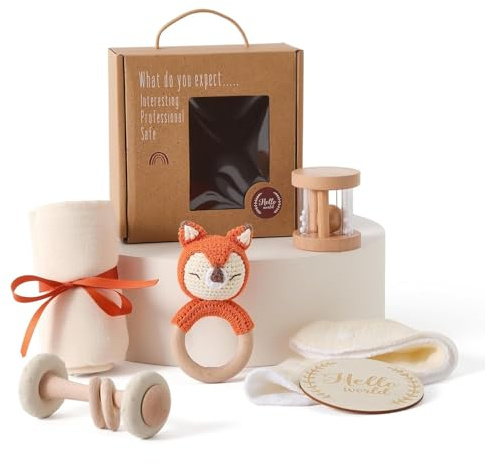 Neugeborenen Geschenk, 6-Teilig Baby Geschenkset Mädchen Junge - Badetücher, Lätzchen, Holzspielzeug, Gehäkelte Hasenrassel und Meilensteinkarten, Geschenkverpackung(Beigefarbener)
