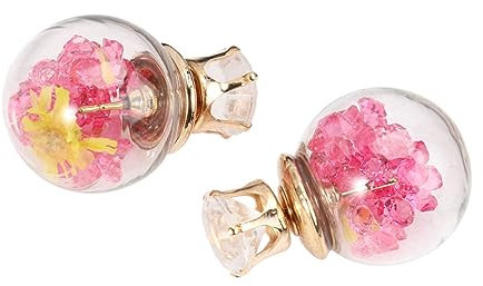 LIFKOME Boucles Oreilles Boules Verre Clous Fleurs Séchées Sphériques Double Face Décoration Femme
