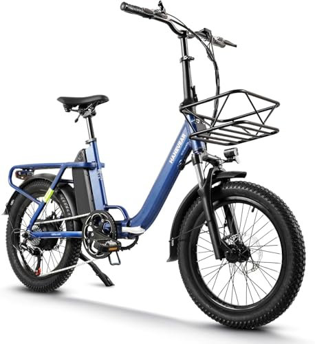 HANEVEAR H6-Light E Bike Klapprad, Elektrofahrräder mit Drehmomentsensor | 48V 14,5Ah Akku bis zu 120km+ | 55N.m 250W-Motor | 3.0'' Fat E-Bike, Off-Road Pedelec EBike Herren Damen (Blau Mit Frontkorb)