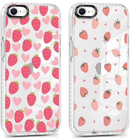 Xylota 2 Pièces Coque pour iPhone 8/7/SE 2020/SE 2022 4,7, Transparente Étui Aesthetic Fraise Coeur Motif Filles Femmes Case, Souple Silicone TPU Housse Antichoc Antirayures Cover pour iPhone 7, Rose