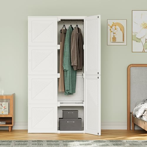 MINGZHE Armoire portable avec portes transparentes, 69 x 136 x 50 cm, armoire de chambre à coucher, 8 compartiments, 6 portes et 1 cintre, armoire de rangement, fermeture magnétique, blanche