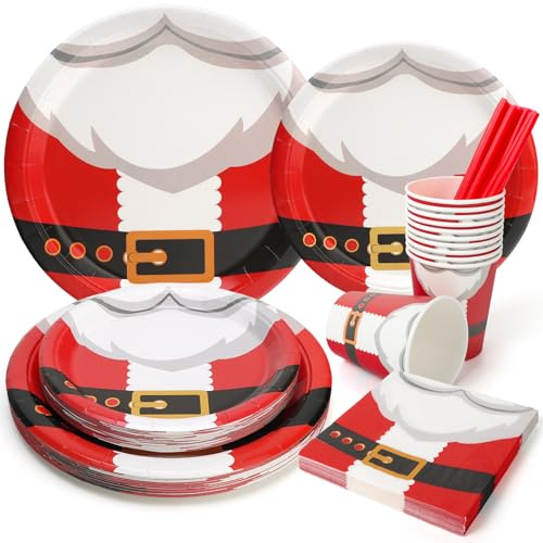 PARTY GO 125PCS Christmas Paper Plates and Napkins Cups with Straws, Party Tableware Santa Plate Christmas Eve Set for Xmas Decorations Serves 25 Guests