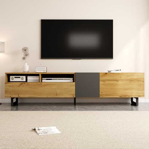 FammyLoft 170cm TV Unit with 3 Doors and 2 Compartments, TV Stand Cabinet, Retro Wood Grain Entertainment Unit for Living Room, U-Shaped Metal Legs, Natural and Dark Grey