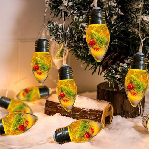 Ferricult Luces navideñas vintage, bombillas de globo de 20 LED de 10 pies, cadena de luces navideñas con adornos de nieve de árbol de bayas para chimenea, árbol de Navidad, decoración del hogar