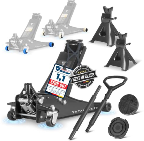 STAHLWERK Hydraulischer Wagenheber 3 t extra flach mit 73-500 mm Hubbereich | inkl. 2er Set Unterstellbock, gummierte Rollen, Doppelhubkolben, Rangierwagenheber/Autoheber/Hydraulik-Wagenheber (WHB-73 ST)