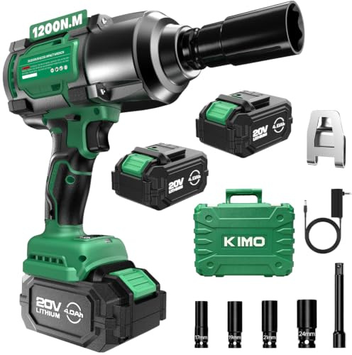 KIMO Schlagschrauber 1/2 Zoll, 890 Fuß (1200 Nm), 4000 U/min / 2900 IPM bürstenloser Motor mit hohem Drehmoment, 3 Modi, variable Geschwindigkeiten, LED-Licht, Pistole