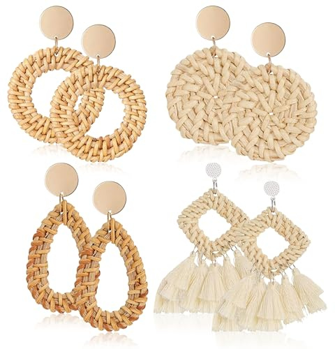 Boho Ohrringe, 4 Paare Stroh Wicker Rattan Ohrringe, Sommer Ohrringes Damen, Statement Ohrringes, Boho Schmuck für Partys, Bankette, Reisen, Hochzeiten (A)