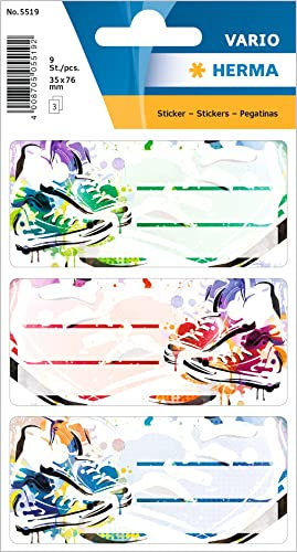 HERMA 5519 Buchetiketten zum Beschriften, Chucks (76 x 35 mm, 9 Namensaufkleber, Papier, matt) selbstklebend, permanent haftende Schuletiketten für Bücher, Hefte, Boxen, Haushalt, bunt