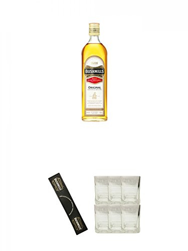 Bushmills Original White Label Irish Whiskey 0,7 Liter + Bushmills Whiskey - Bar Matte aus Gummi + Bushmills Whiskey Gläser 6 Stück