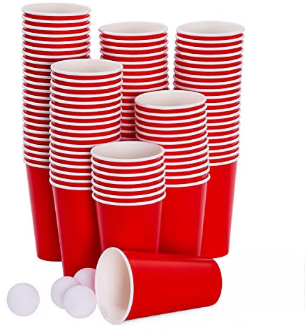 THE TWIDDLERS Ensemble de 115 Pièces de Beer Pong pour Fêtes, Anniversaires, Mariages, Halloween - 100 Gobelets en Carton Solide Rouge & 15 Balles