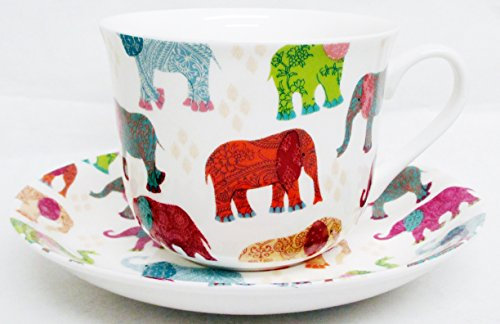 Fromeuropewithlove Elephants Breakfast Cup & Saucer Fine Bone China Patched Multicolour Elephants Large Cup & Saucer Hand Decorated in the UK