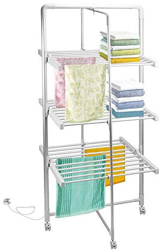 BAKAJI Tendedero eléctrico de Torre de Potencia 300 W tendedero secador de Ropa calefactora Plegable con 30 Barras tenderos, Ropa de Cama y Ruedas de Aluminio