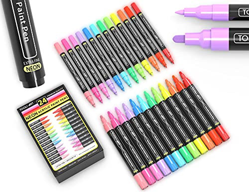 24-teiliges acrylstifte für steine wasserfest, spezielle Farbserie für Steinmalerei, Kieselsteine, Kunststoff, Leinwand, Glasbecher. Blickdicht, auf Wasserbasis, schnell trocknend acryl marker NEON