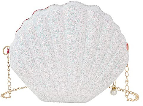 MEGAUK Damen Clutch Glitzer Muschel Abendtasche Glänzend Handtasche Strass Tasche mit Kette für Hochzeit Wedding Party, Pailletten Weiß