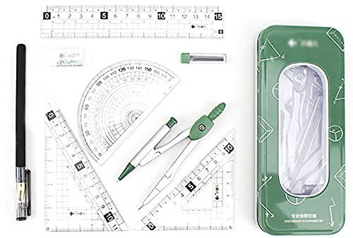 MEGAUK Geometrie Set mit Zirkel Mathematik-Set Schreibwaren-Set für Kinder Schule Uni, gerades Lineal Stellwinkel Dreieck Winkelmesser in stabiler Metallbox, Grün