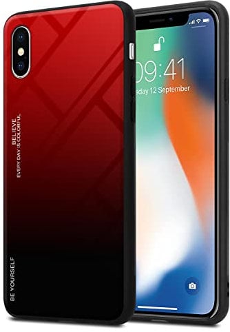 cadorabo Case compatible with Apple iPhone X/XS in RED - BLACK - Two-colour protective cover made of TPU silicone and back made of tempered glass