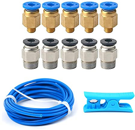 1 Stück PTFE Schlauch Teflonschlauch (Länge 5m) mit 5 Stück PC4-M6 Pneumatik Anschlussstücke + 5 Stück PC4-M10 Pneumatik Anschlussstücke für 3D-Drucker (1,75mm Filament)