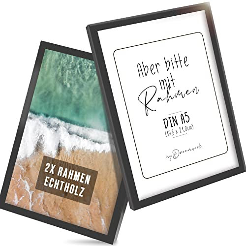 myDreamwork Bilderrahmen Schwarz | New York 2er Set (Doppelpack) DIN A5 | Rahmen aus Holz mit bruchsicherem Plexi-Glas | Bilderrahmen A5 Schwarz | Holzrahmen 14,8cm x 21cm – mit Standfunktion