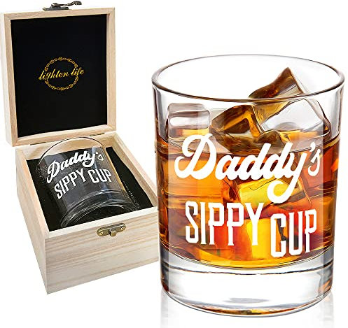 LIGHTEN LIFE Daddy's Sippy Cup Whiskey Glass 340ml,Unique Dad Gift in Valued Wooden Box,Funny Gag Gift for New Dad,Father from Das Daughter Kids for Father's Day,Birthday