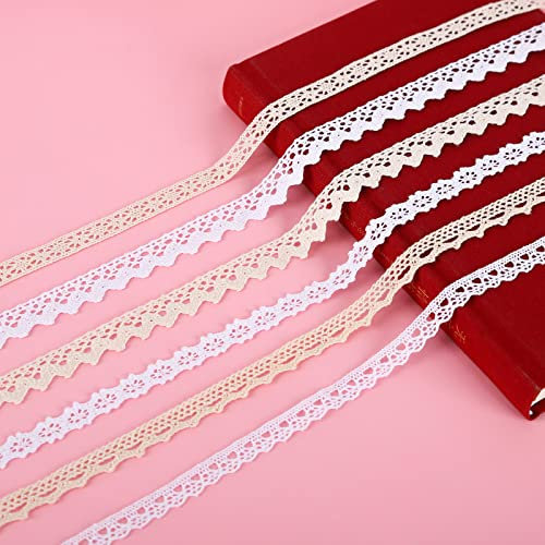 6 Roll Spitzenband Weiß 30M Vintage Spitzenbordüre Zierband Spitzenstoff Spitzenborte Zum Basteln Dekoband Spitze Stoffband für Diy Basteln Geschenkverpackung Hochzeit Nähen (Beige Weiß)