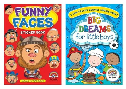 Anilas Set of 2 Funny Faces Sticker Book & Big Dreams for Little Boys Activity Book. Ideal for Children Aged 3-8