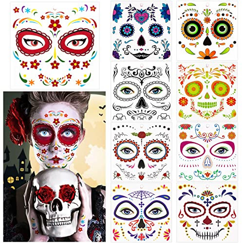 9 Feuilles Tatouage Halloween pour Visage, Tatouages Temporaires Crâne, Autocollants Jour Des Morts pour Mascarade Fête Fournitures